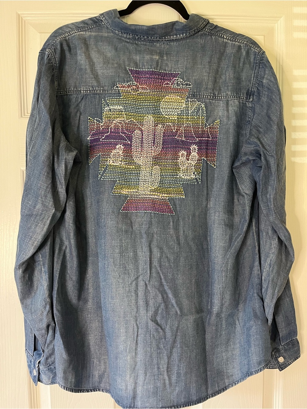 Rock & Roll Cowgirl Denim Shirt with Rainbow Southwestern Cactus Embroidery